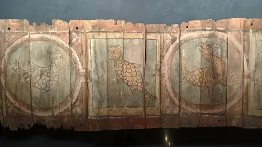 Three hybrid creatures, fragment of a painted ceiling, Medieval times, Mus&eacute;e de la Cour d'Or, Metz