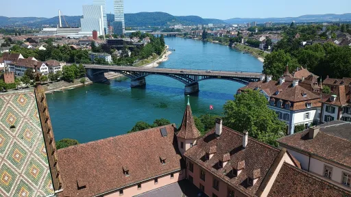 View from Basel cathedral across the cloister on the Rhine and Basel