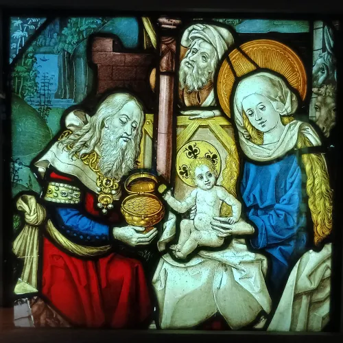 Adoration of the magi, stained glass, 14th-15th century, Maison de l'Oevre de Notre-Dame, Strasbourg
