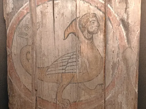 Hybrid creature, fragment of a painted ceiling, Medieval times, Mus&eacute;e de la Cour d'Or, Metz