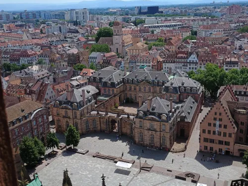 Looking down from Strasbourg cathedral at Palais Rohan and the Maison de l'Oevre Notre-Dame