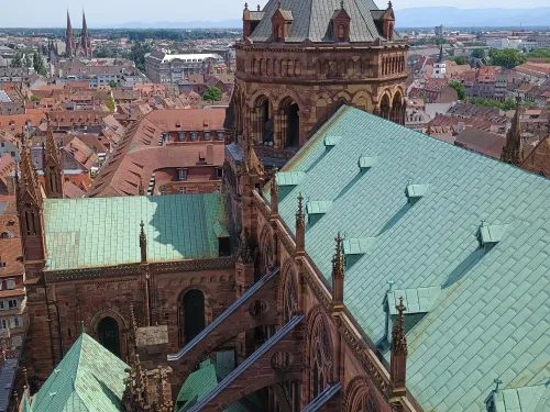 View across Strasbourg cathedral while descending the platform
