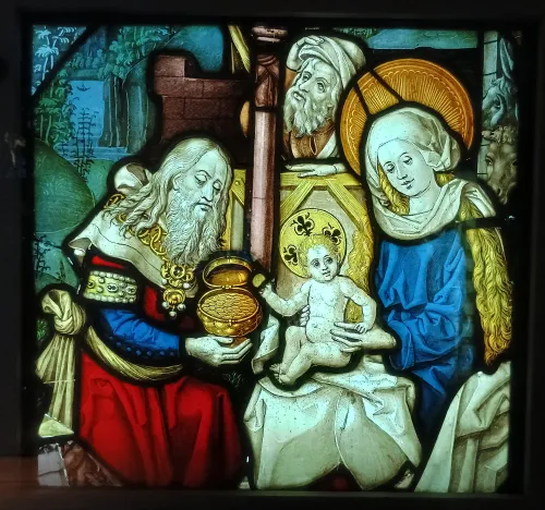 Adoration of the magi, stained glass, 14th-15th century, Maison de l'Oevre de Notre-Dame, Strasbourg