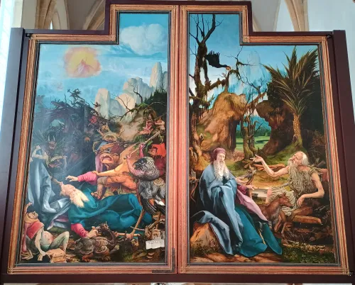 Versuchung des heiligen Antonius und Besuch beim Eremiten Paulus, Isenheimer Altar